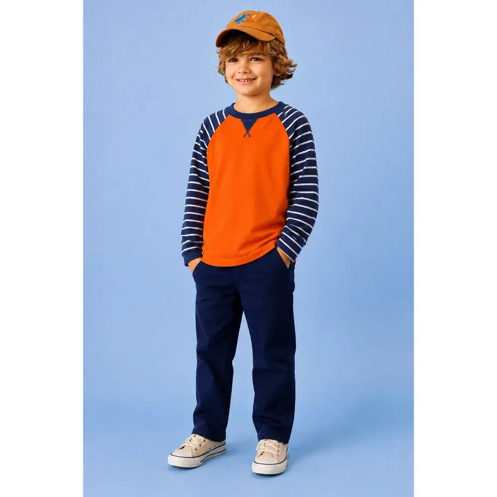 NWT Hanna Andersson Boys 160/US14 Baseball Tee OrangeNavy Stripe RaglanSupersoft